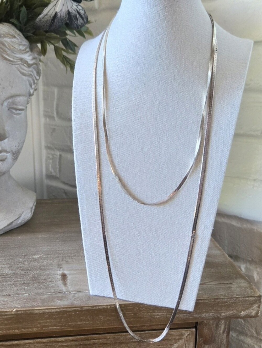 Vtg 1970s Pair Of Sterling Silver Herringbone Necklaces, 18", 29"